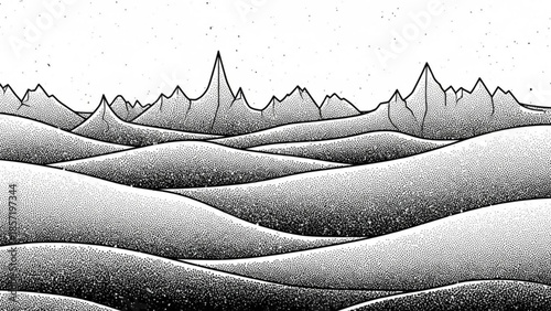 Black and white illustration of rolling hills and mountains with stippling texture, landscape view with pointed peaks and wavy terrain