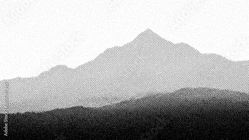 A serene mountain landscape with a large mountain peak in the background and a dark forest in the foreground, rendered in a halftone