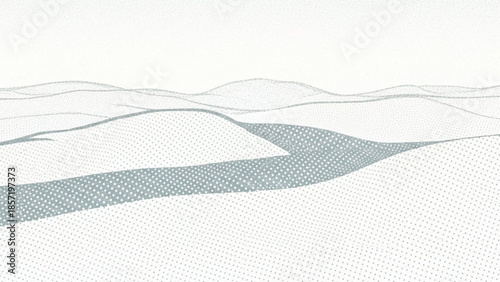 Illustration of a serene landscape with a winding river and hills in a dotted line style, white and green hues