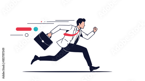 Businessman in suit running with briefcase in flat vector style