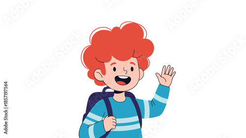 Happy red haired boy with backpack waving in flat vector style