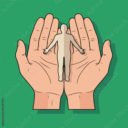 Hands Holding a Human Figure Symbolizing Protection and Care