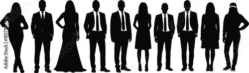 Silhouette, diverse people, mixed attire, formal and casual, standing pose, fashion contrast, identity, group scene, black background, social diversity