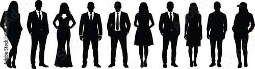 Silhouette, diverse people, mixed clothing, casual and formal, standing pose, fashion contrast, identity, group scene, black background, social roles