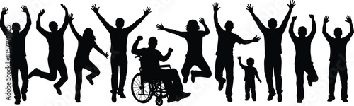 Inclusive celebration silhouette, diverse people jumping, wheelchair user joy, child and adult unity, black vector art, community happiness concept