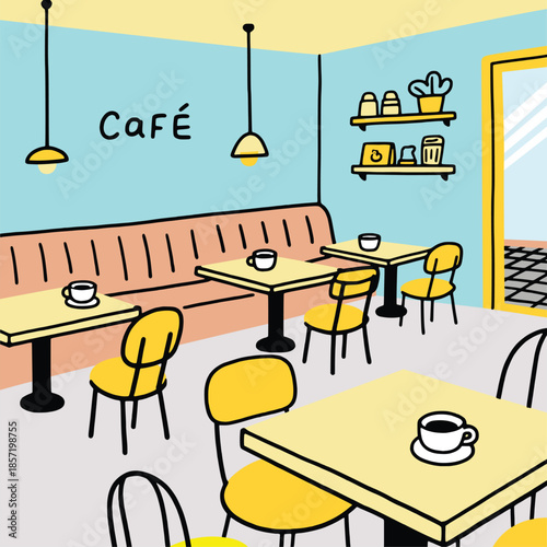 Cozy Shop Interior with Yellow Chairs and Coffee Cups