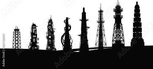 Industrial communication tower skyline illustration showing multiple transmission structures and futuristic tower silhouettes, modern technology infrastructure concept for graphic design