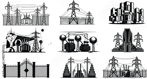 Industrial electrical substation and power grid illustration set with transformers, high voltage towers, energy infrastructure artwork, urban utility station design
