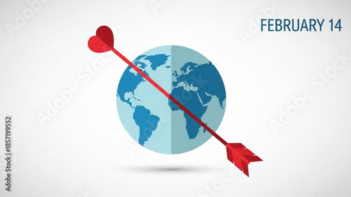 Valentine's day global love concept with heart arrow through earth globe on february 14, symbolizing international romance and affection