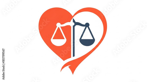Balanced love and justice heart symbol with scales of equality and fairness in orange and blue colors for social issues and relationships