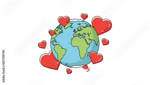 Earth surrounded by multiple red hearts, love and care for the planet, eco friendly concept, heartwarming illustration
