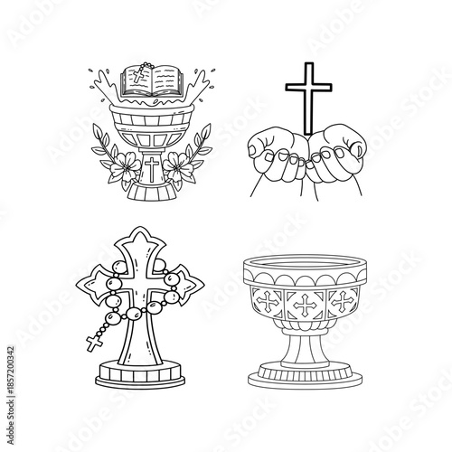 Hand drawn Christian religious symbols sketch set including cross, chalice, Bible, rosary, and baptismal elements for spiritual and church-related designs.
