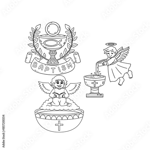 Christian religious illustration set featuring angels, baptism symbols, holy chalice, and spiritual elements, suitable for church designs and faith-based artwork.