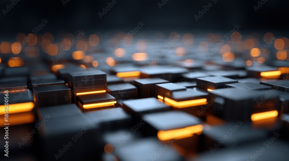 Obraz premium Abstract Background of Dark Metallic Blocks with Glowing Orange Details in a Futuristic and Technological Environment