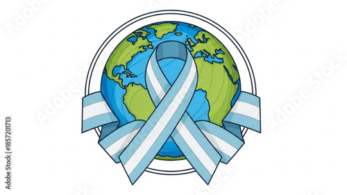 Illustration of a globe wrapped with a light blue and white ribbon symbolizing global awareness and support