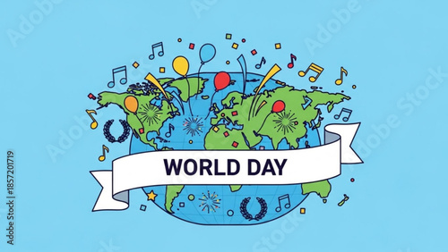 Vibrant illustration of globe with musical notes and festive elements celebrating world day on a light blue background