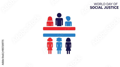 World day of social justice, equality concept with people icons on scales, symbolizing fairness and balance in society, promoting human