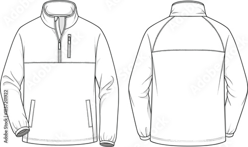 Half zip pullover jacket front back view cad drawing flat vector illustration fashion technical outerwear apparel design