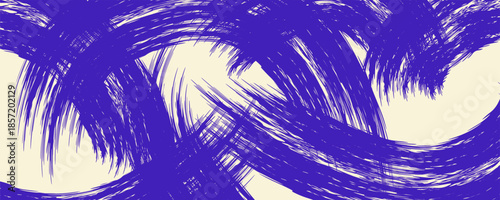 Grunge grainy blue brush stroke with spray texture. Hand drawn distress damaged vintage banner with zigzag bold line. Rough thick brush stroke texture.