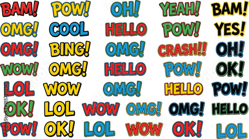 Colorful comic text expressions collection with bam pow wow omg lettering, pop art typography set for stickers, posters, branding, and digital design