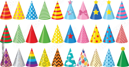 Colorful party hats collection with fun patterns and festive designs, birthday celebration accessories set for kids parties, events, invitations, and holiday graphics