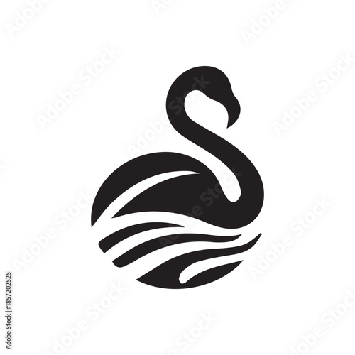 Minimalist black flamingo icon swimming in an abstract water circle