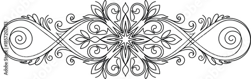 Elegant symmetrical ornamental floral flourish border with intricate scrollwork, vintage decorative line art design, luxury tattoo style, black and white vector illustration