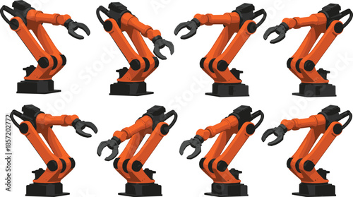 Industrial robotic arm collection in different positions, automated factory robot manipulators, mechanical engineering technology elements, manufacturing industry equipment