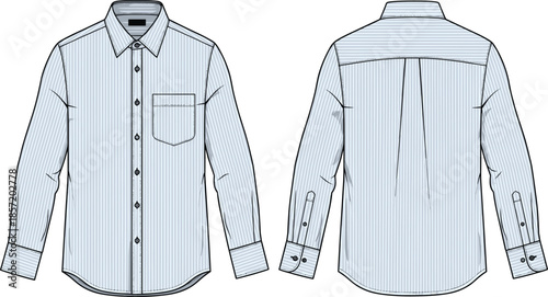 Men’s fashion illustration, long sleeve button up shirt, front and back view, striped fabric, collar, cuffs, pocket, garment design vector, apparel template