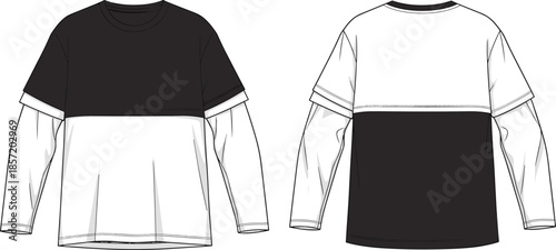 Layered long sleeve t shirt front back view cad drawing flat vector illustration fashion technical casual apparel design