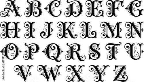 Vintage ornamental alphabet lettering set in black, decorative serif capital letters collection for logos, monograms, typography design, invitations, and branding projects