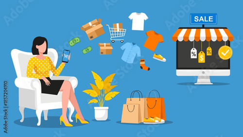 Woman shopping online from comfortable armchair with products flying out of phone.