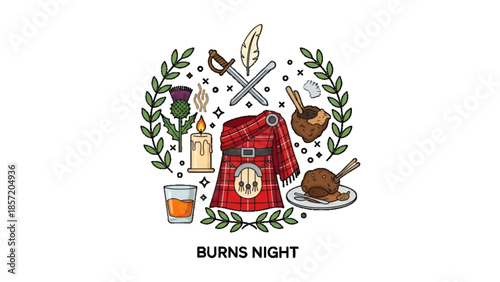 Burns night celebration illustration of scottish kilt thistle candle whisky glass crossed sword feather and traditional haggis food symbols for culture heritage festival artwork design
