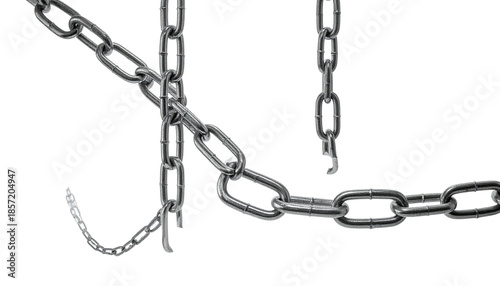 Close-up of metallic chains, one broken, against a black backdrop