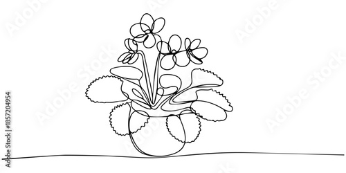 African violet in continuous line art drawing style. Saintpaulia flowering plant black linear sketch isolated on white background. Vector illustration, A black line art drawing of an African violet.
