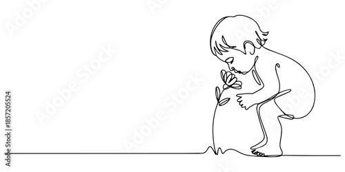 Child smelling flower in continuous line art drawing style. Small girl squatted down to sniff the fragrant flower, Continuous single line art of a girl smelling a flower, simple illustration vector.