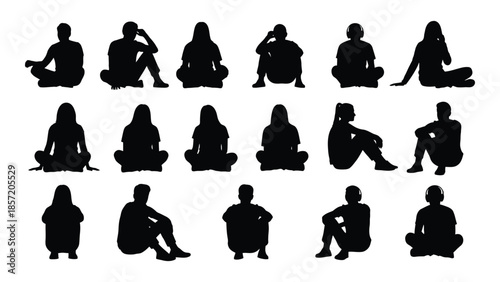 Diverse group of people in various seated and relaxed poses black silhouette