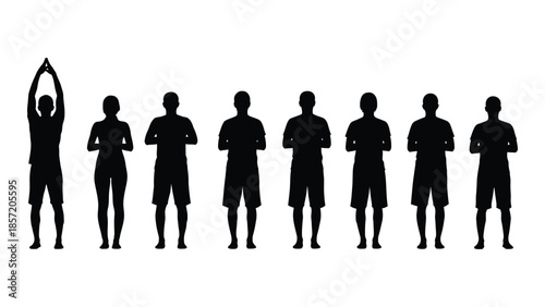 A line of human figures in various poses depicted as a dark silhouette