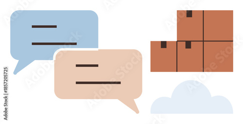 Dialogue boxes and stacked boxes convey themes of logistics, communication, shipment, and teamwork. Ideal for ecommerce, supply chain, packing, virtual messaging feedback cloud storage. Simple flat