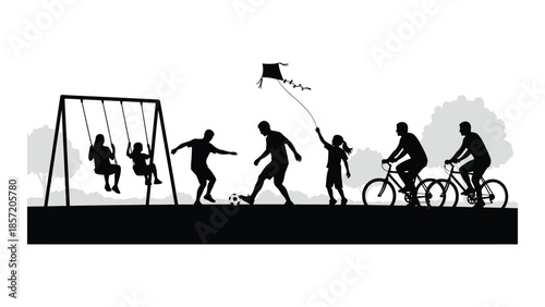 A joyful scene of children playing outdoors with a swing set and bicycles silhouette
