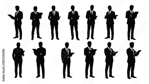 A collection of businesspeople in suits each holding documents presented as a silhouette