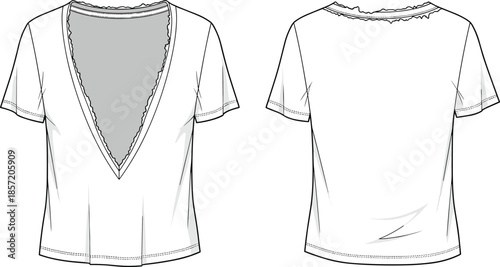 Women deep v neck t shirt front back view cad drawing flat vector illustration fashion technical apparel design template top