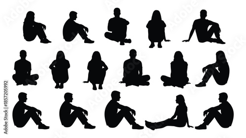 Diverse collection of human figures in various poses presented as a striking silhouette