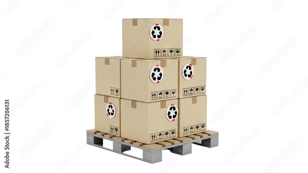 Fototapeta premium Cardboard Boxes Stacked on a Pallet with Recycling Symbol on transparent background