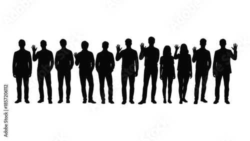 A line of people waving captured in a striking black silhouette