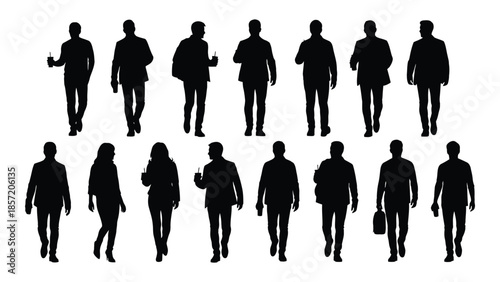 A group of people walking in various poses a striking black silhouette