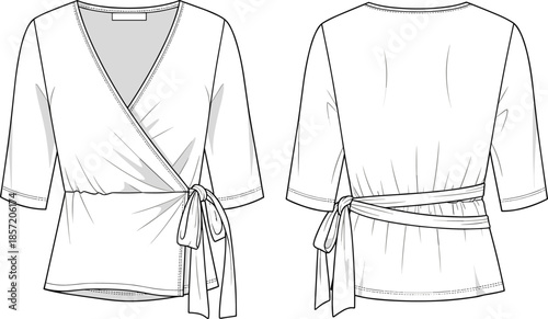 Women wrap top front back view cad drawing flat vector illustration fashion technical apparel design blouse womenswear template garment shirt