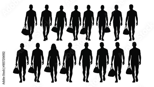 A row of people walking with bags depicted as a dark silhouette