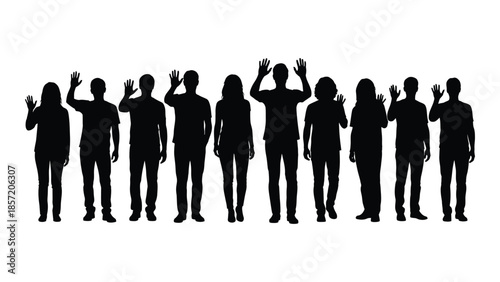 A group of people waving depicted as a striking black silhouette