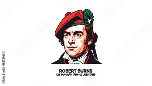 Portrait illustration of scottish poet figure wearing red beret with green feather for burns night culture heritage festival celebration classic artwork concept design